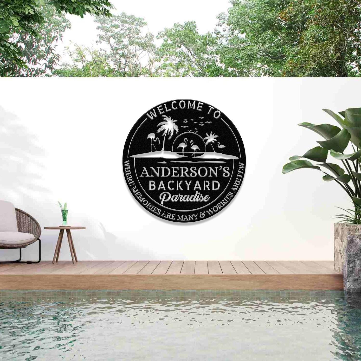 Custom Tropical Patio Metal Sign, Custom Backyard Pool Sign, Family Welcome Sign, Aloha Palm Tree Decor, Beach House Decor, Oasis Sign