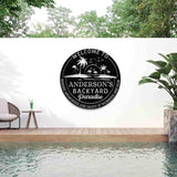 Custom Tropical Patio Metal Sign, Custom Backyard Pool Sign, Family Welcome Sign, Aloha Palm Tree Decor, Beach House Decor, Oasis Sign