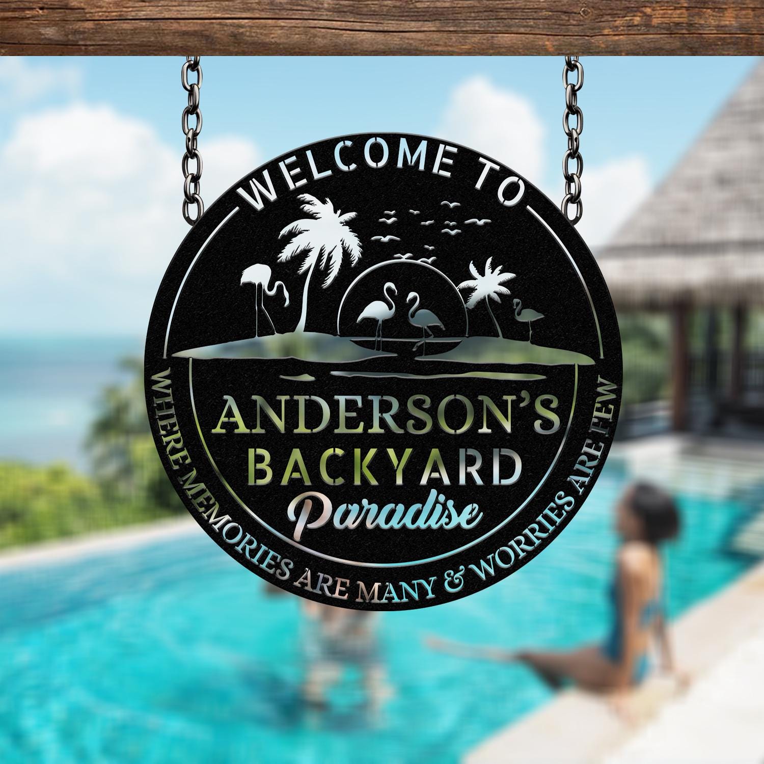 Custom Tropical Patio Metal Sign, Custom Backyard Pool Sign, Family Welcome Sign, Aloha Palm Tree Decor, Beach House Decor, Oasis Sign