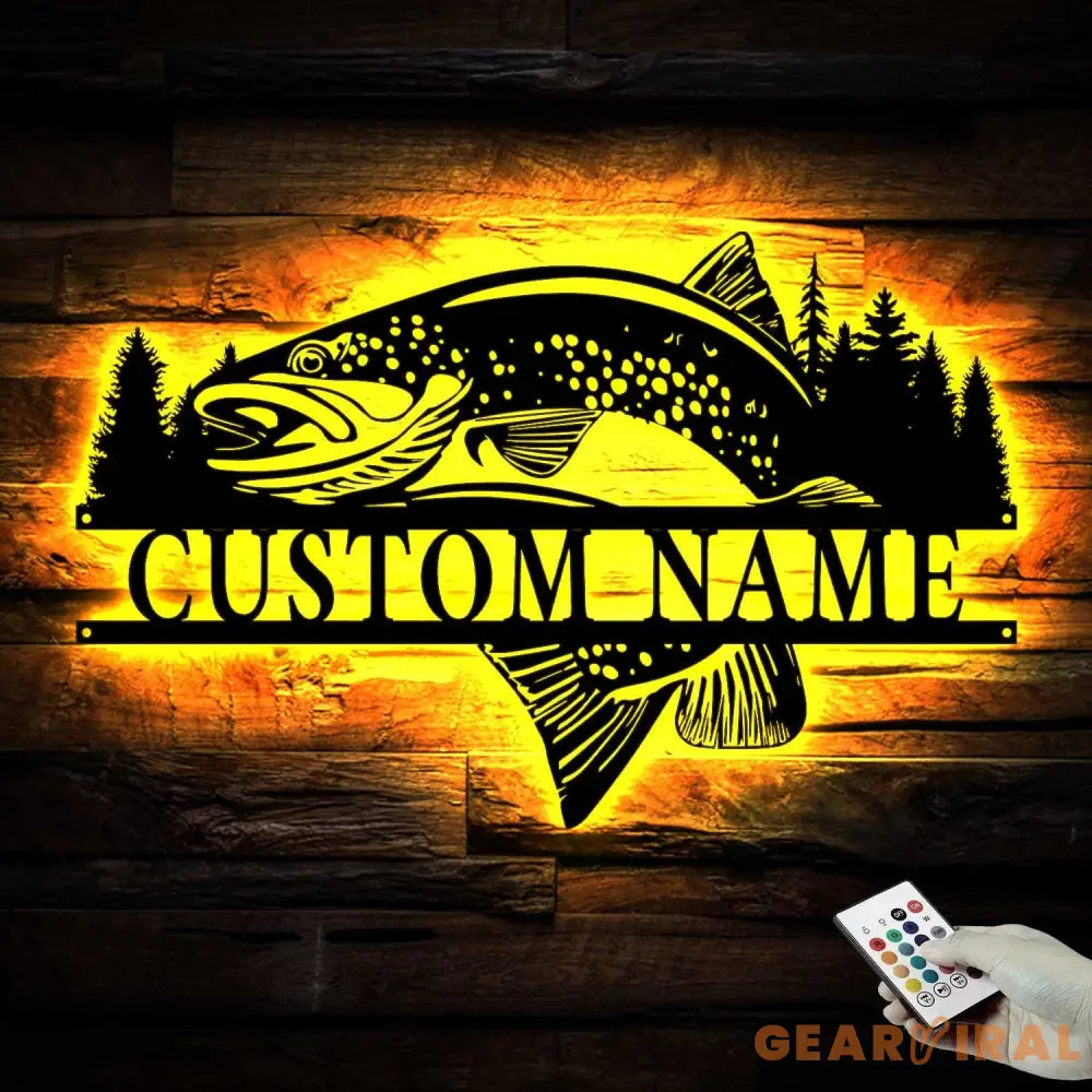 Custom Trout Fishing Metal Wall Art with Led Light - Char Fishing Gifts for Men - Fisher Name Sign - Cabin Decor