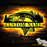 Custom Trout Fishing Metal Wall Art with Led Light - Char Fishing Gifts for Men - Fisher Name Sign - Cabin Decor
