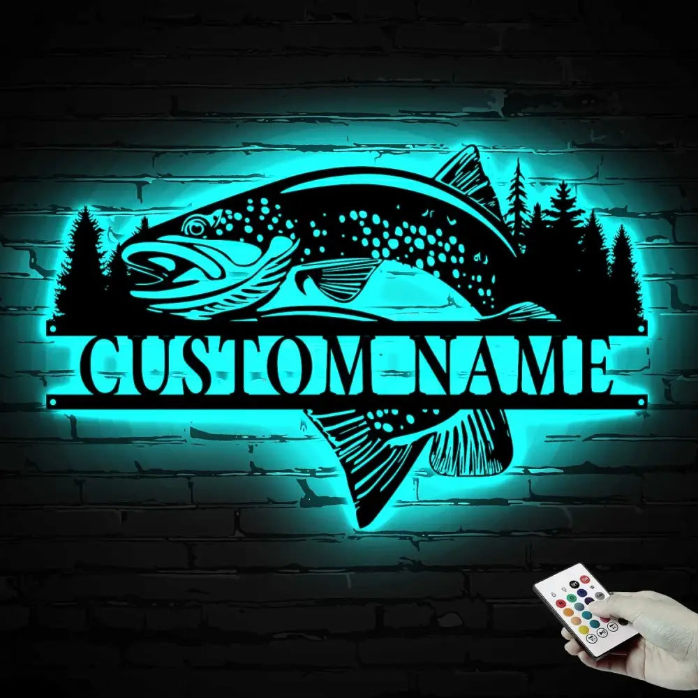 Custom Trout Fishing Metal Wall Art with Led Light - Char Fishing Gifts for Men - Fisher Name Sign - Cabin Decor