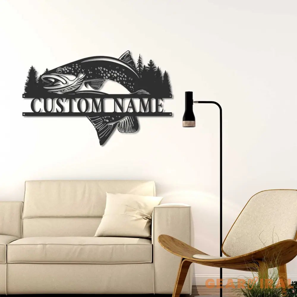 Custom Trout Fishing Metal Wall Art with Led Light - Char Fishing Gifts for Men - Fisher Name Sign - Cabin Decor