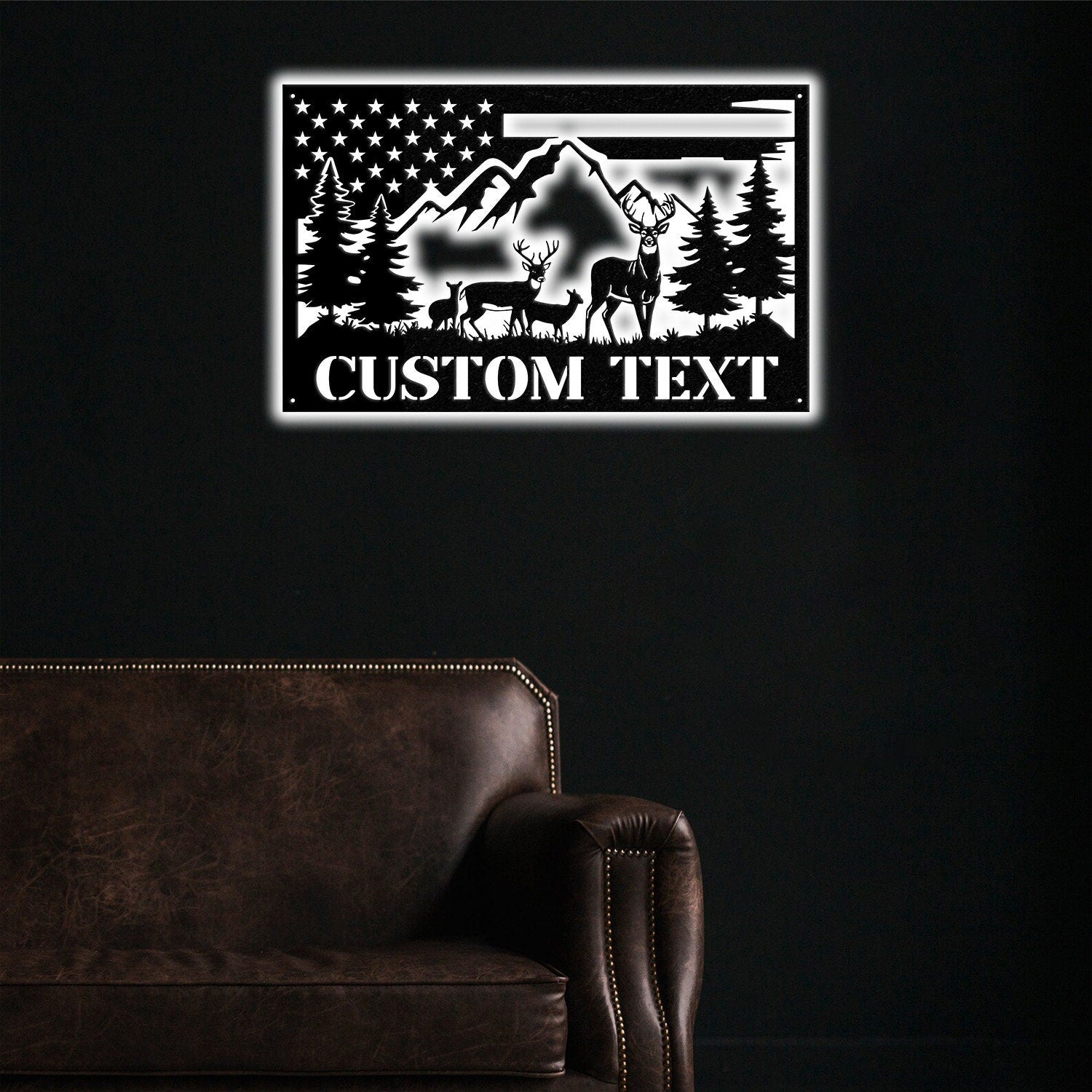 Custom US Flag Deer Hunting Metal Wall Art With LED Lights, Custom Deer Hunting Metal Sign, Deer Hunter Metal Wall Decor, Deer Wall Hanging