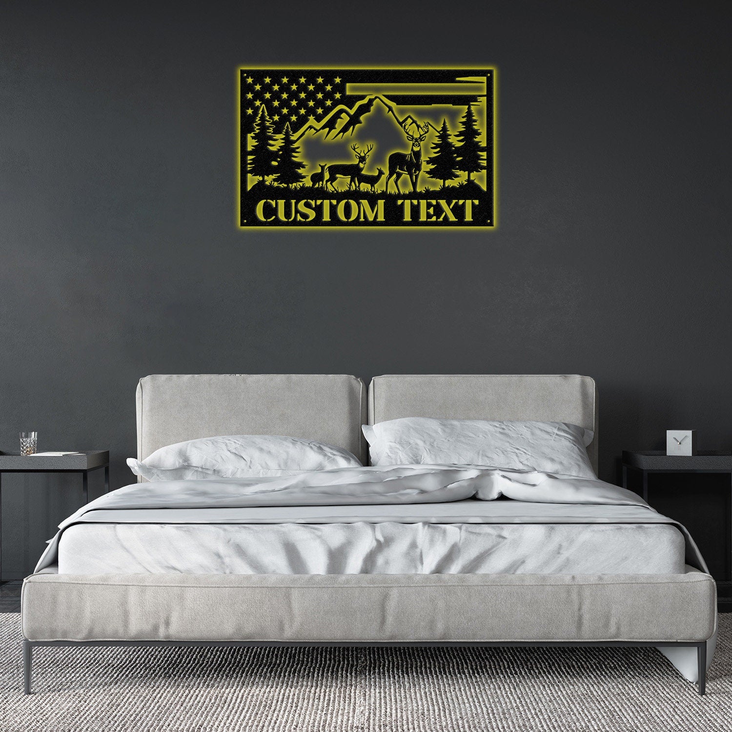 Custom US Flag Deer Hunting Metal Wall Art With LED Lights, Custom Deer Hunting Metal Sign, Deer Hunter Metal Wall Decor, Deer Wall Hanging