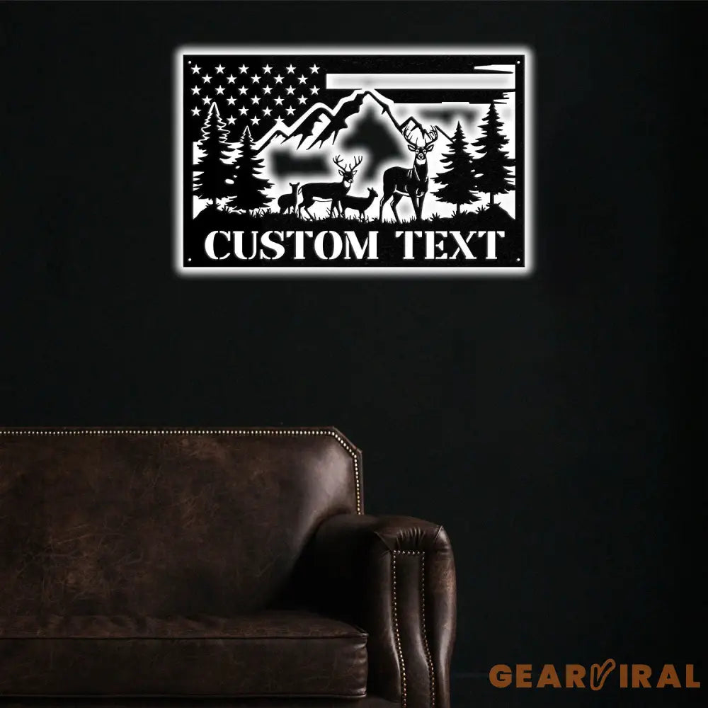 Custom US Flag Deer Hunting Metal Wall Art With LED Lights Custom Deer Hunting Metal Sign Deer Hunter Metal Wall Decor