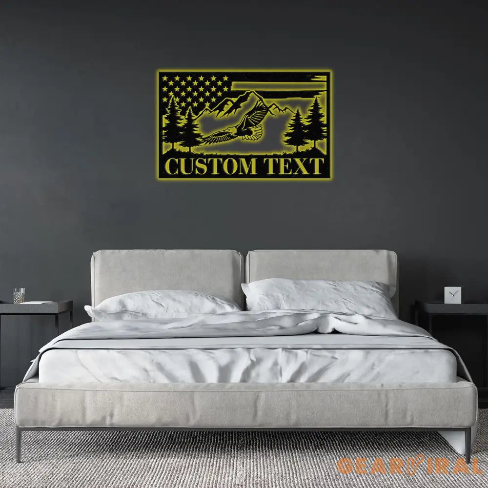 Custom US Flag Eagle Metal Wall Art LED Light Custom Outdoor Eagle Monogram Metal Wall Hanging Eagle Home Decor Metal