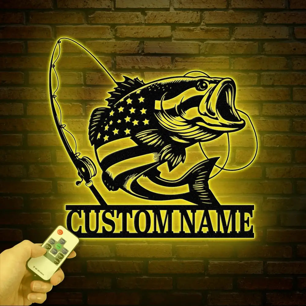 Custom US Flag Fishing Metal Sign with Led Lights Fish name Sign Personalized Fish Wall Art Gift for Fisherman Fishing