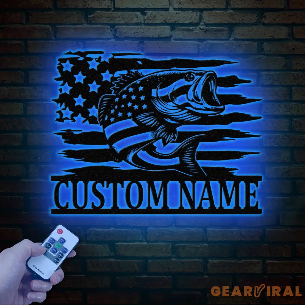 Custom US Flag Fishing Metal Sign with Led Lights Fish name Sign Personalized Fish Wall Art Gift for Fisherman Fishing