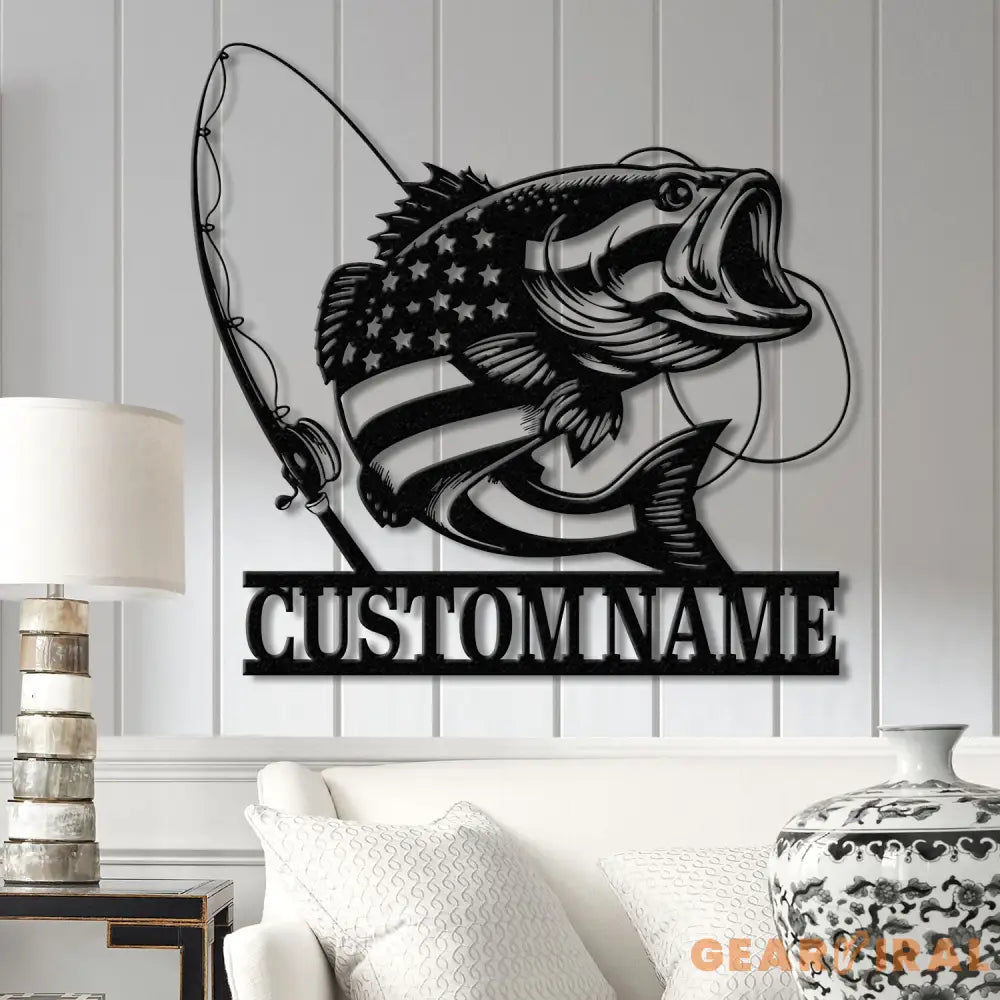 Custom US Flag Fishing Metal Sign with Led Lights Fish name Sign Personalized Fish Wall Art Gift for Fisherman Fishing