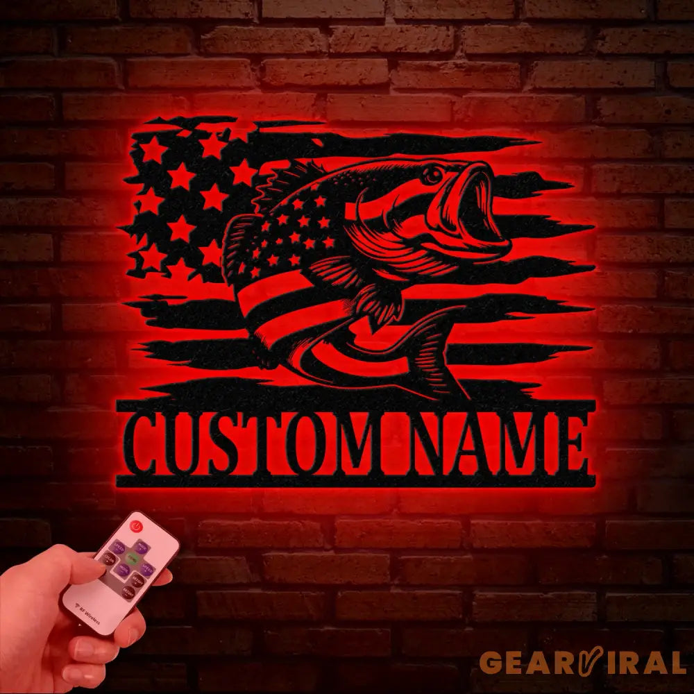 Custom US Flag Fishing Metal Sign with Led Lights Fish name Sign Personalized Fish Wall Art Gift for Fisherman Fishing