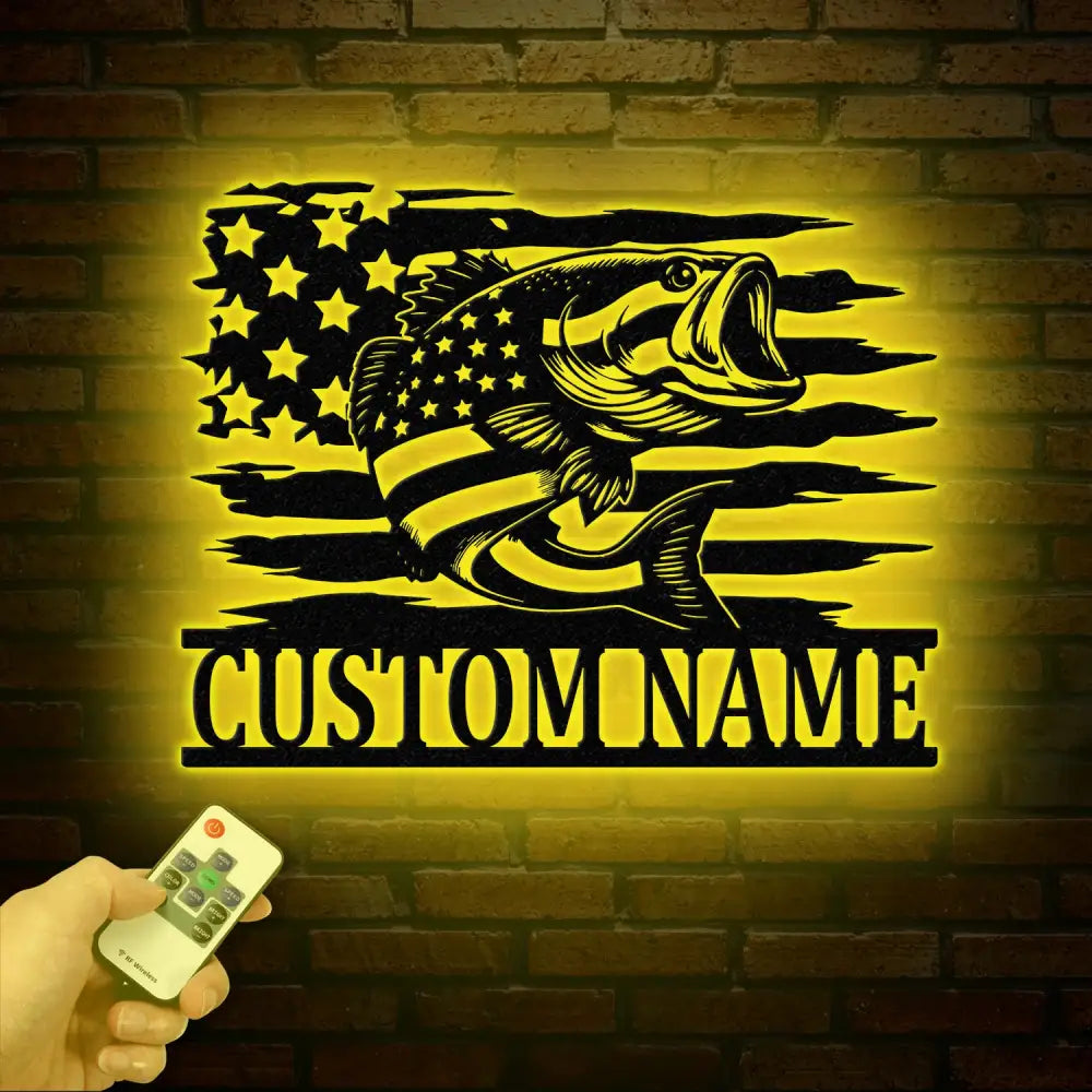 Custom US Flag Fishing Metal Sign with Led Lights Fish name Sign Personalized Fish Wall Art Gift for Fisherman Fishing