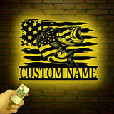 Custom US Flag Fishing Metal Sign with Led Lights Fish name Sign Personalized Fish Wall Art Gift for Fisherman Fishing