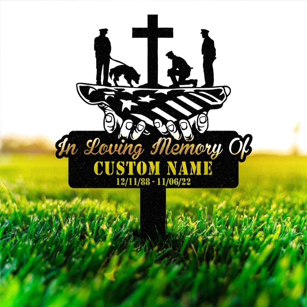 Custom US Flag Kneeling Soldier Memorial Garden Stake, Personalized Veteran Army Grave Marker, Memorial Name Sign, Veteran Gift Idea