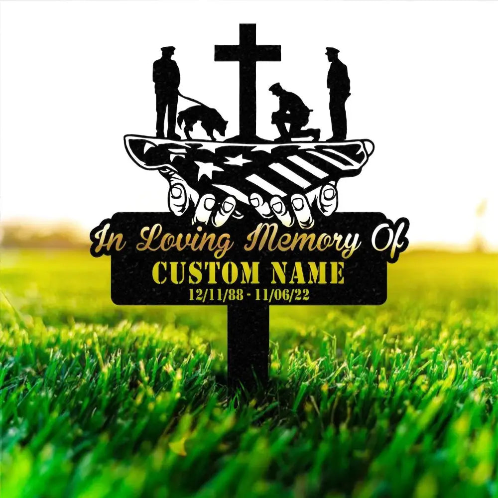 Custom US Flag Kneeling Soldier Memorial Garden Stake Personalized Veteran Army Grave Marker Memorial Name Sign Veteran