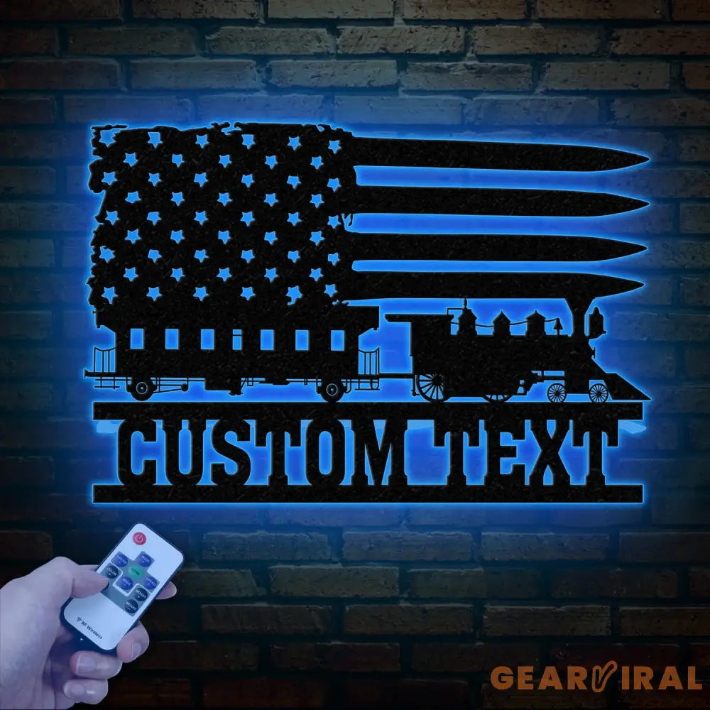 Custom US Flag Train Metal Wall LED Light Railroad Wall Decor Railroad Sign Man Cave Decor Train Driver Gift Christmas