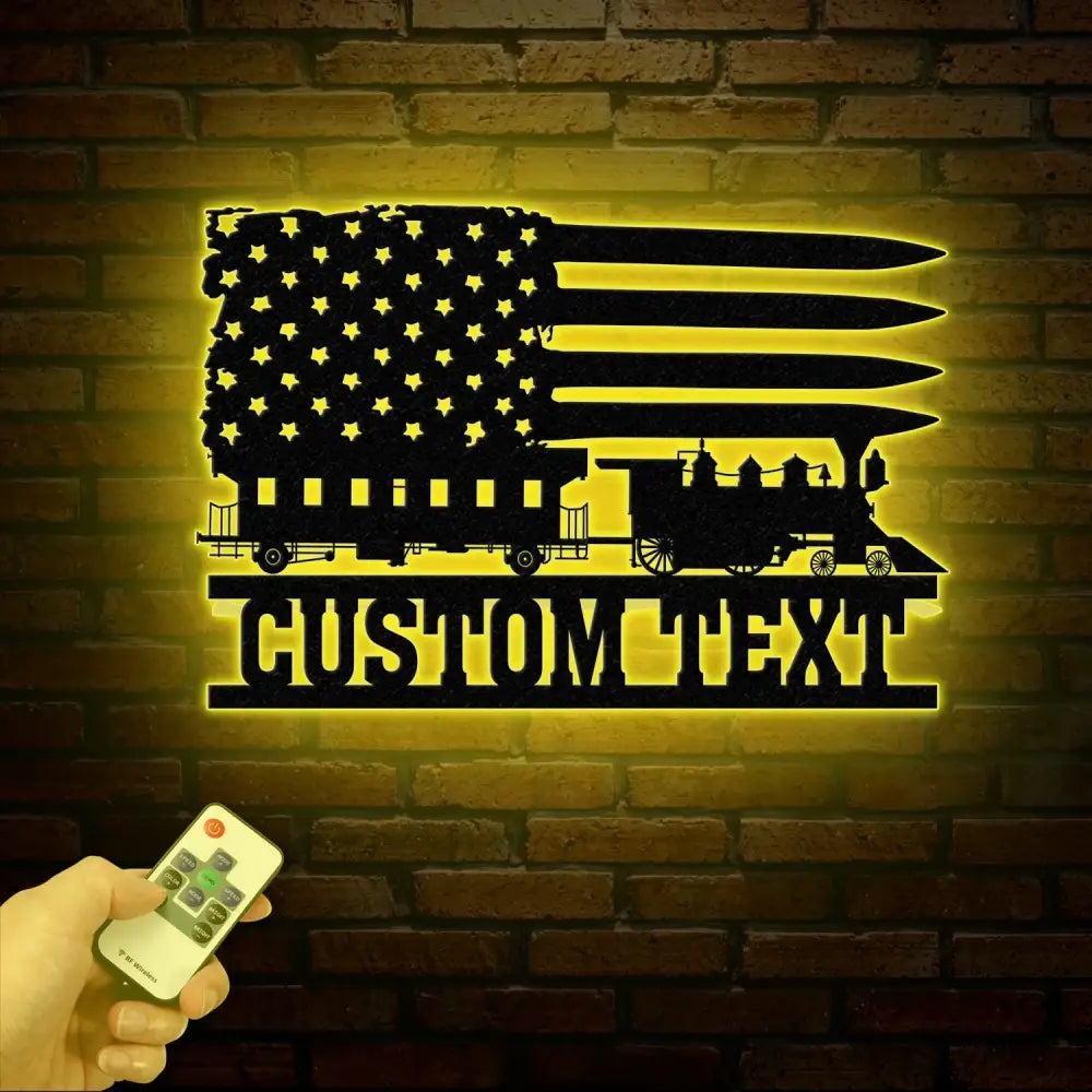 Custom US Flag Train Metal Wall LED Light Railroad Wall Decor Railroad Sign Man Cave Decor Train Driver Gift Christmas