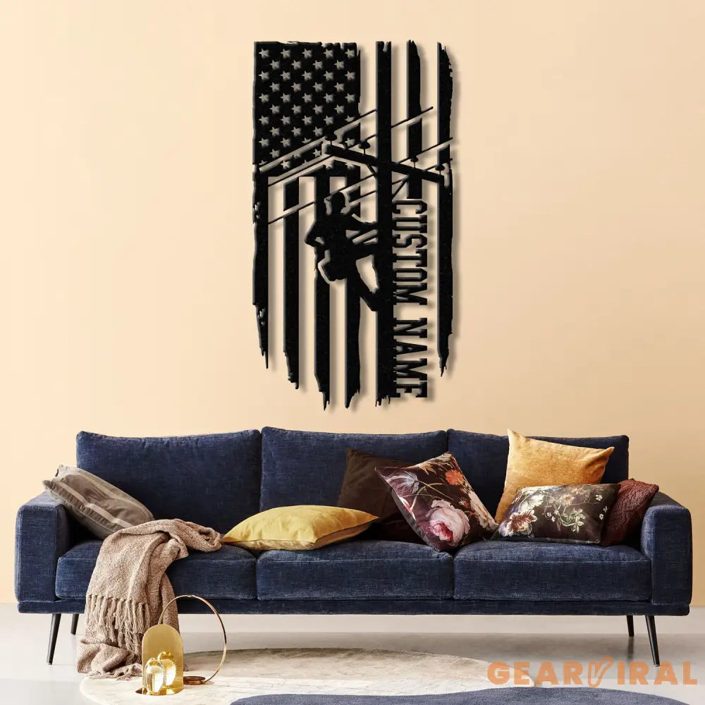 Custom US Lineman Metal Wall Art with LED Light Personalized Electrical Worker Name Sign Electrician Home Decor