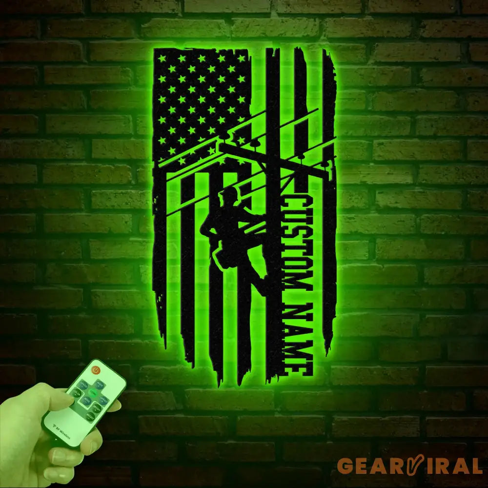 Custom US Lineman Metal Wall Art with LED Light Personalized Electrical Worker Name Sign Electrician Home Decor