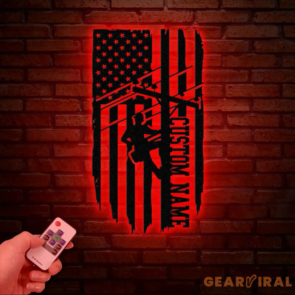 Custom US Lineman Metal Wall Art with LED Light Personalized Electrical Worker Name Sign Electrician Home Decor
