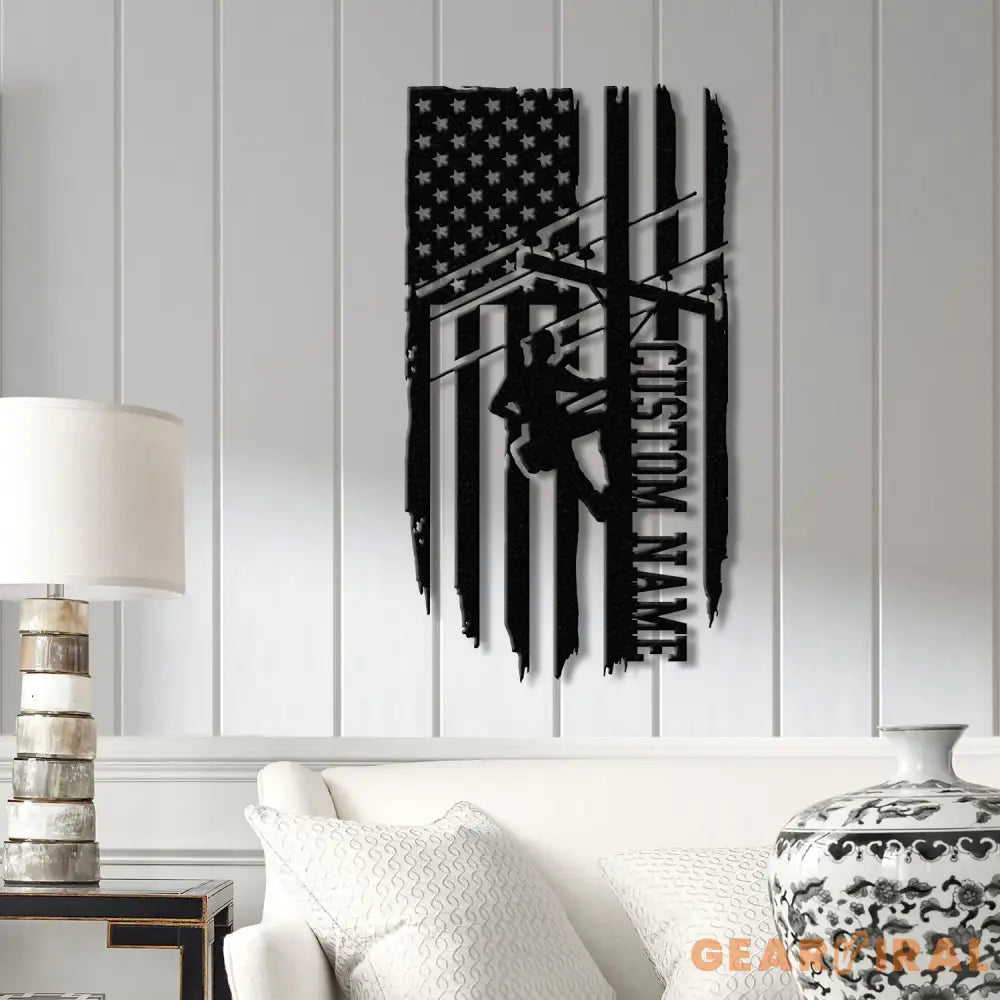 Custom US Lineman Metal Wall Art with LED Light Personalized Electrical Worker Name Sign Electrician Home Decor