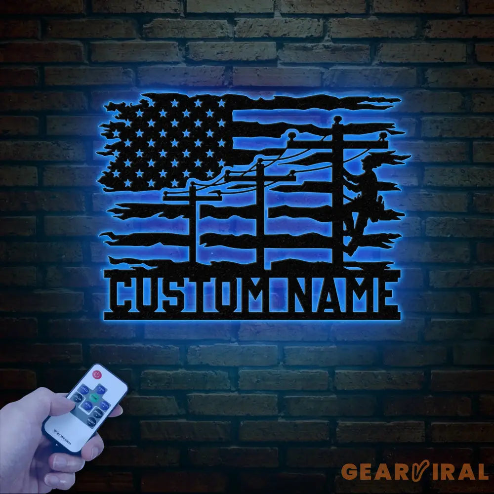 Custom US Lineman Metal Wall Art with LED Light Personalized Electrical Worker Name Sign Electrician Home Decor