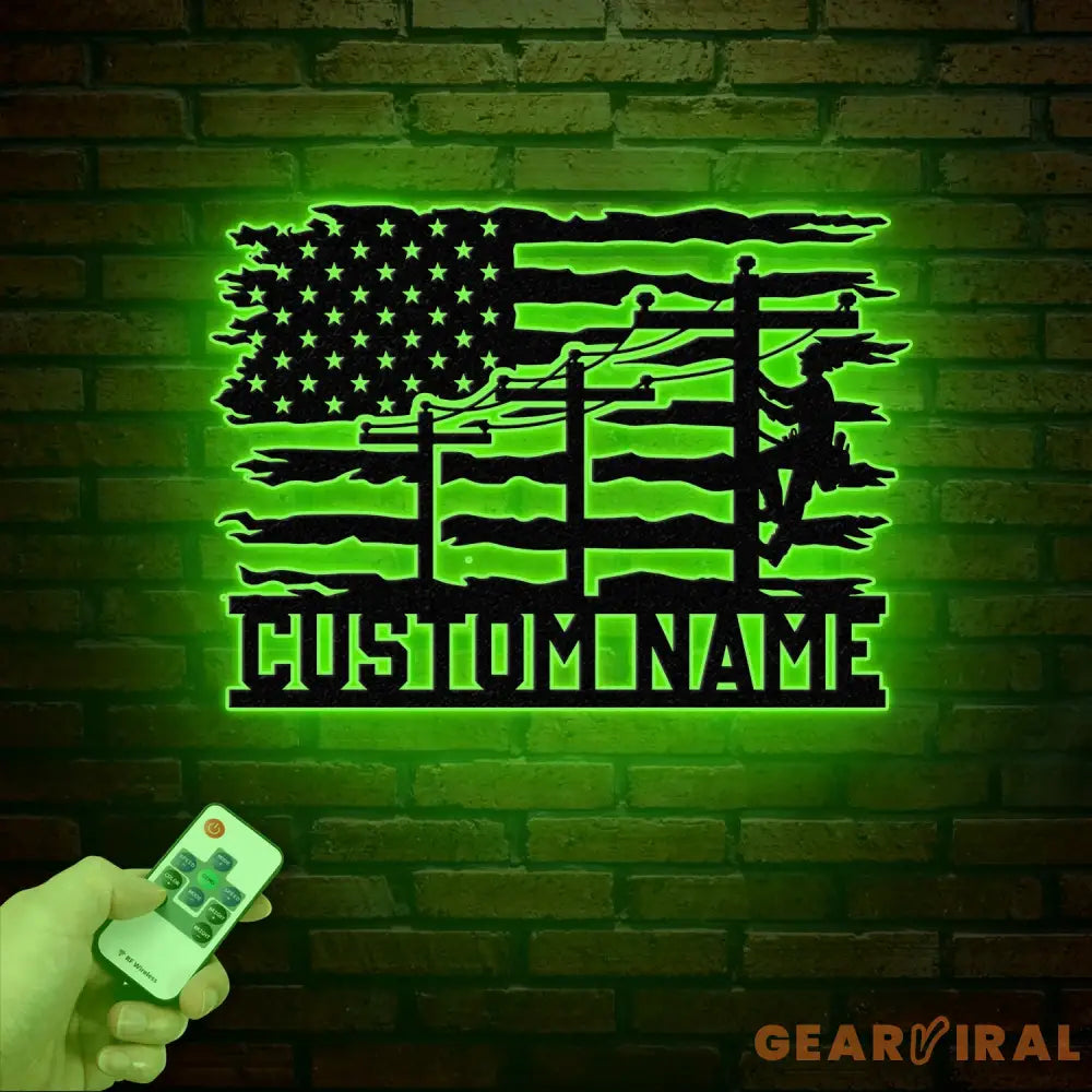 Custom US Lineman Metal Wall Art with LED Light Personalized Electrical Worker Name Sign Electrician Home Decor