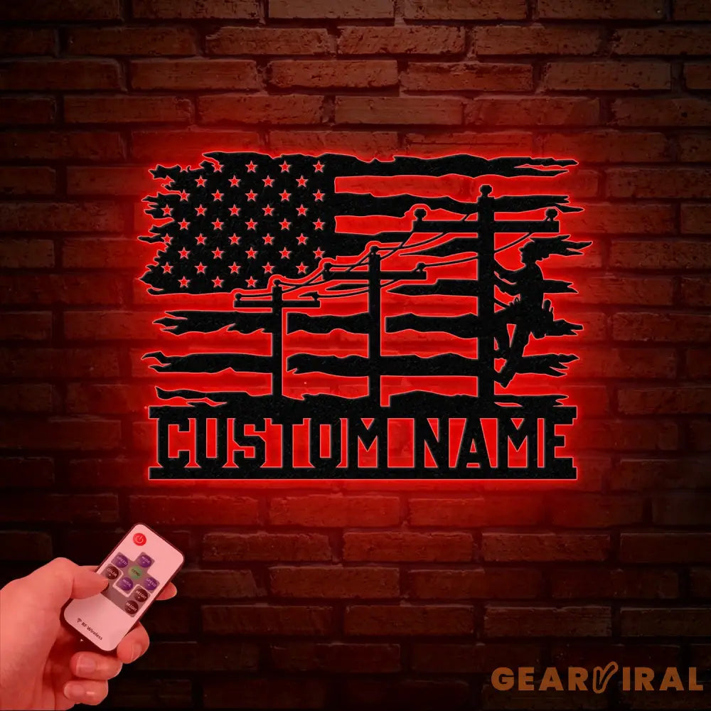 Custom US Lineman Metal Wall Art with LED Light Personalized Electrical Worker Name Sign Electrician Home Decor
