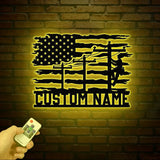 Custom US Lineman Metal Wall Art with LED Light Personalized Electrical Worker Name Sign Electrician Home Decor