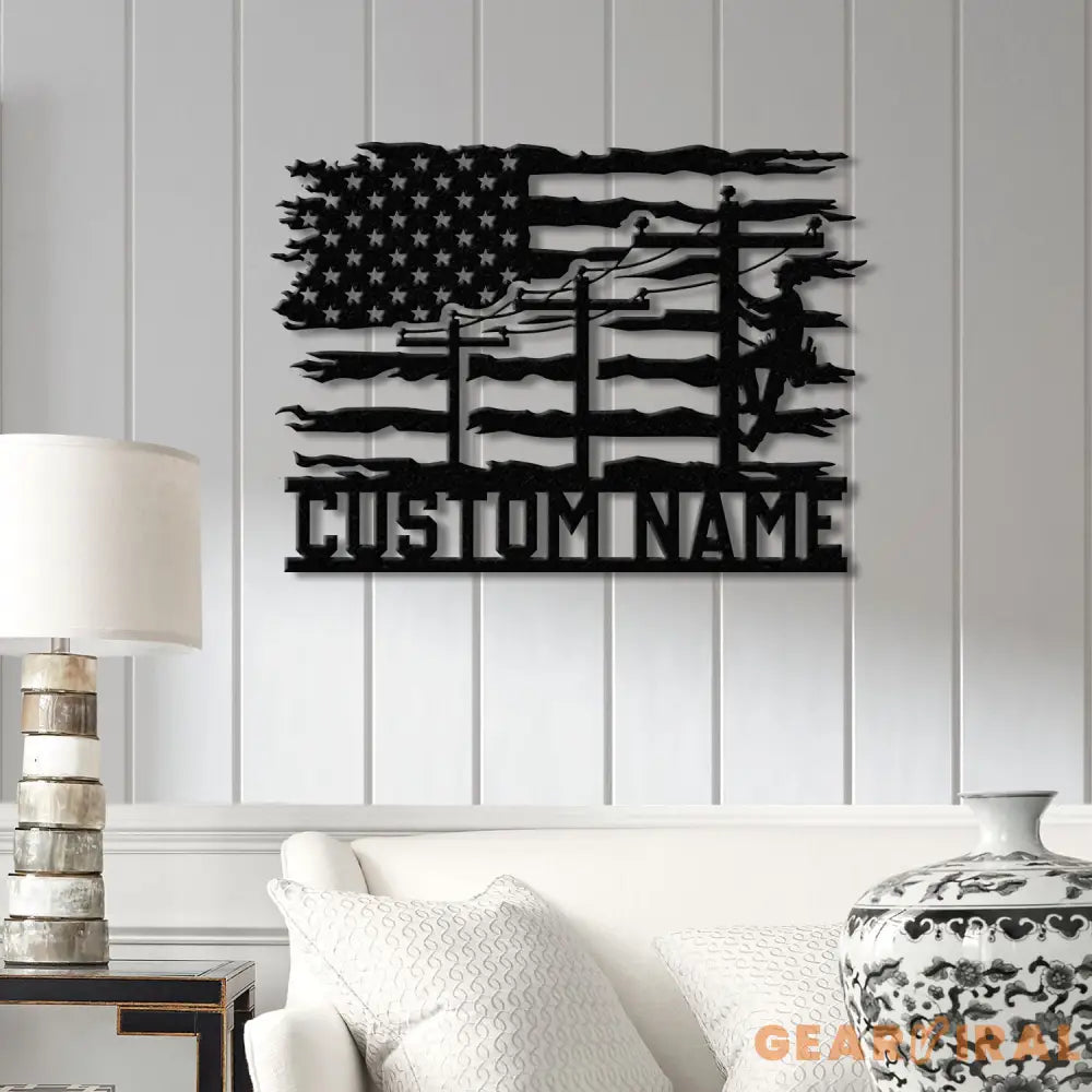 Custom US Lineman Metal Wall Art with LED Light Personalized Electrical Worker Name Sign Electrician Home Decor