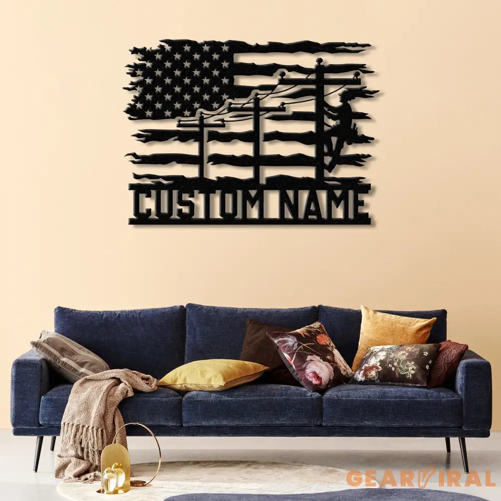 Custom US Lineman Metal Wall Art with LED Light Personalized Electrical Worker Name Sign Electrician Home Decor