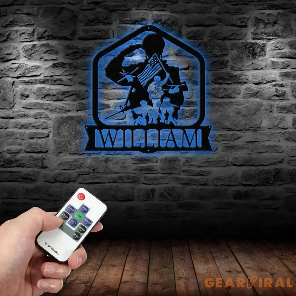 Custom US Soldier Military Metal Wall Art LED Light Personalized American Army Name Sign Patriotic Wall Art Veteran Gift