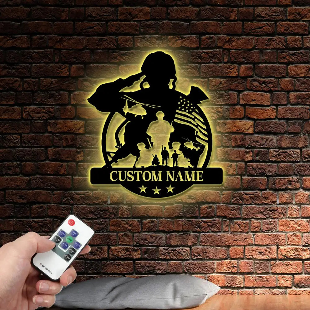 Custom US Soldier Military Metal Wall Art LED Light Personalized American Army Name Sign Veteran Patriotic Decoration