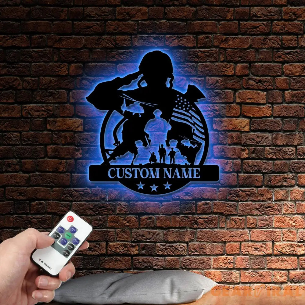 Custom US Soldier Military Metal Wall Art LED Light Personalized American Army Name Sign Veteran Patriotic Decoration