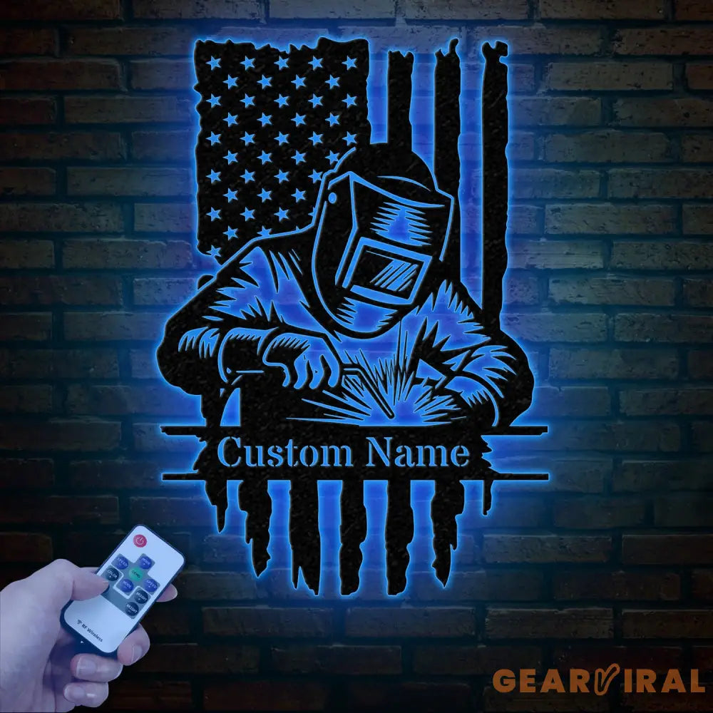 Custom Welding American Flag Metal Wall Art with LED Light Personalized Welder Name Sign Unique Home Decor & Gift for