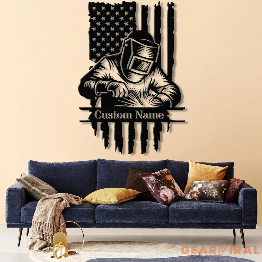 Custom Welding American Flag Metal Wall Art with LED Light Personalized Welder Name Sign Unique Home Decor & Gift for