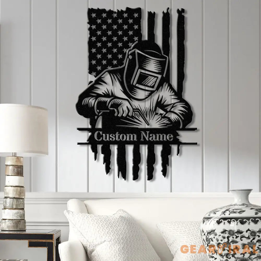 Custom Welding American Flag Metal Wall Art with LED Light Personalized Welder Name Sign Unique Home Decor & Gift for