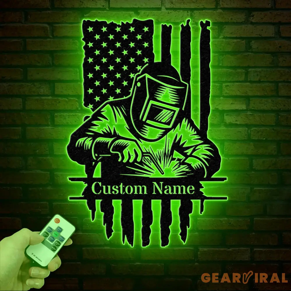 Custom Welding American Flag Metal Wall Art with LED Light Personalized Welder Name Sign Unique Home Decor & Gift for