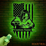 Custom Welding American Flag Metal Wall Art with LED Light Personalized Welder Name Sign Unique Home Decor & Gift for