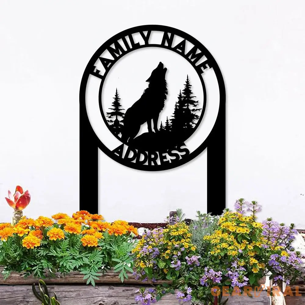 Custom Wolf and Address Garden Metal Stake Personalized Family Name Yard Sign Outdoor Door Garden Decor Garden Art Gift