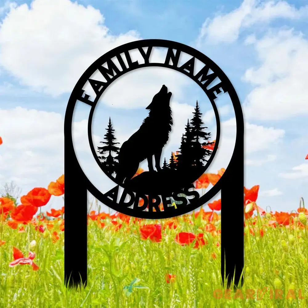 Custom Wolf and Address Garden Metal Stake Personalized Family Name Yard Sign Outdoor Door Garden Decor Garden Art Gift