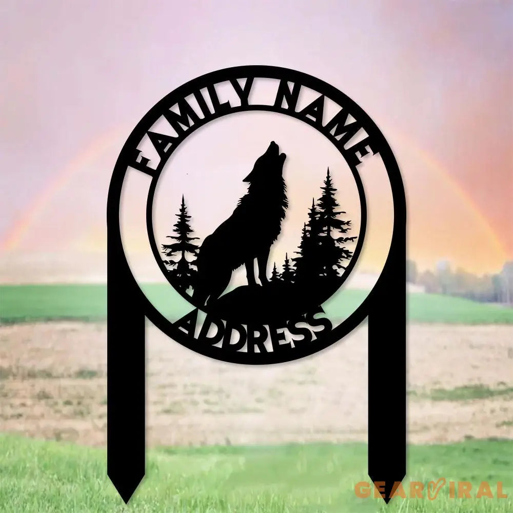 Custom Wolf and Address Garden Metal Stake Personalized Family Name Yard Sign Outdoor Door Garden Decor Garden Art Gift