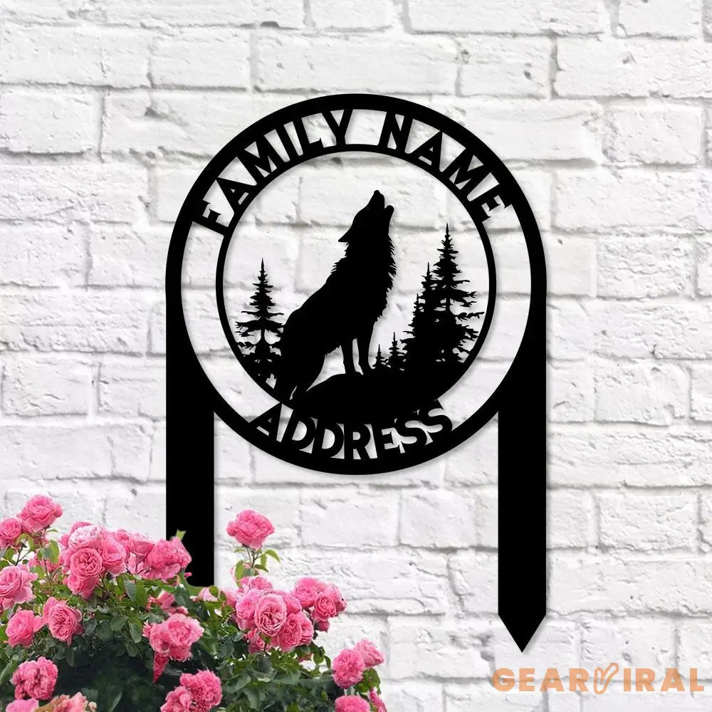 Custom Wolf and Address Garden Metal Stake Personalized Family Name Yard Sign Outdoor Door Garden Decor Garden Art Gift