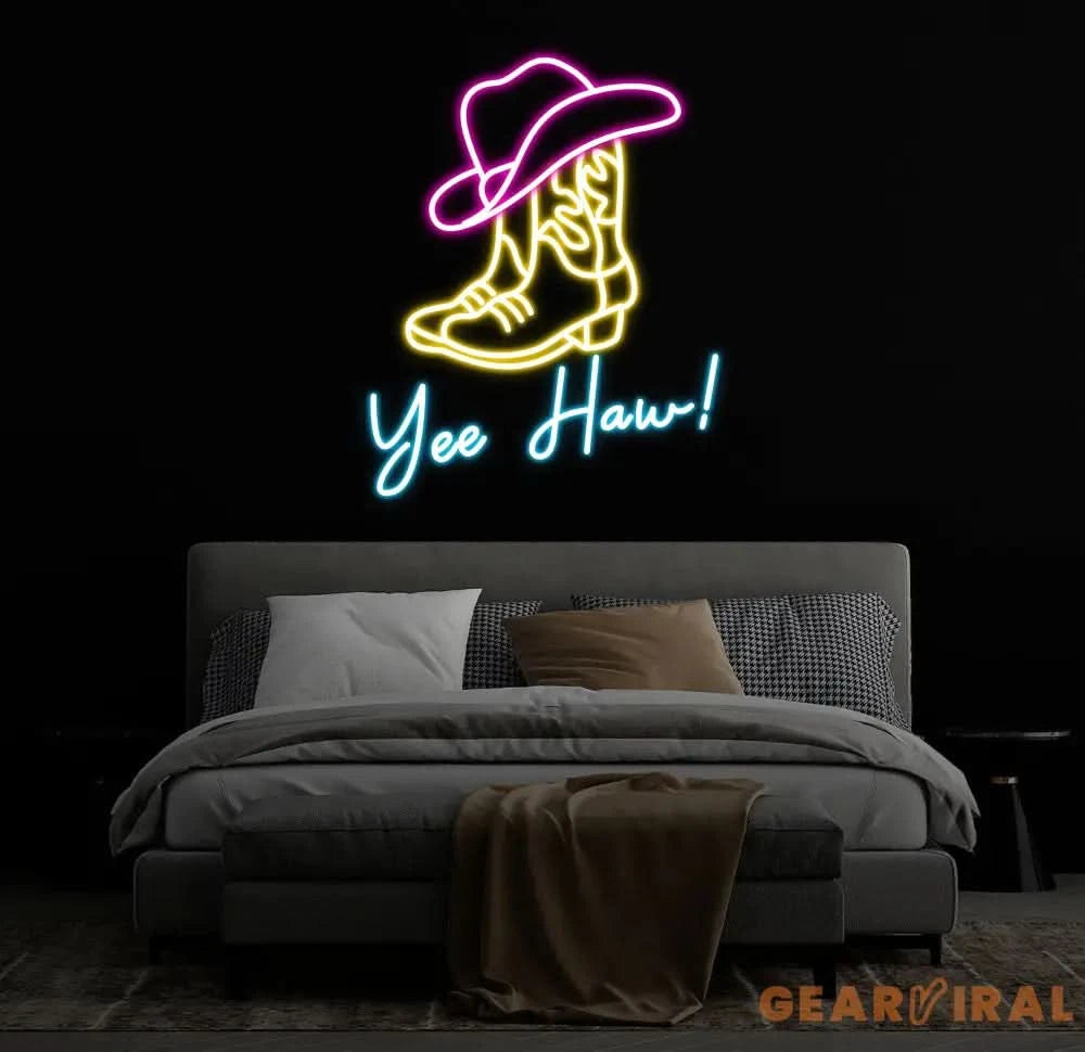 Custom Yee Haw Manimo Cowboy Boot and Hat Neon Sign Pink Cowgirl Hat Neon Sign Wall Decor Aesthetic Western Wall Art