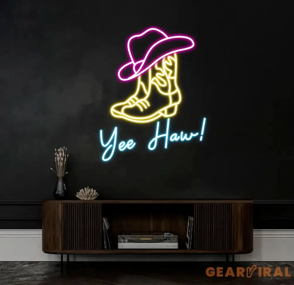 Custom Yee Haw Manimo Cowboy Boot and Hat Neon Sign Pink Cowgirl Hat Neon Sign Wall Decor Aesthetic Western Wall Art