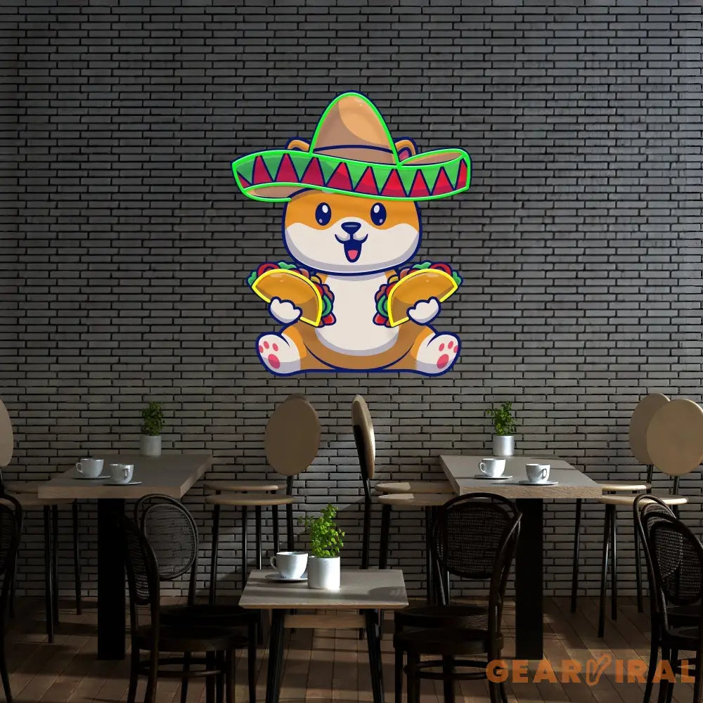 Cute Dog Eating Tacos With Sombreno Hat Artwork Led Neon Sign Light