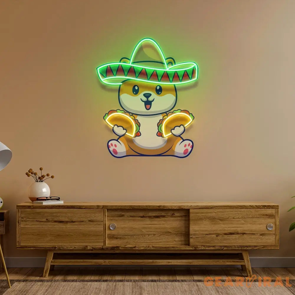 Cute Dog Eating Tacos With Sombreno Hat Artwork Led Neon Sign Light