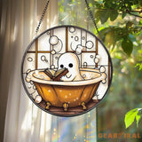 Cute Ghost in Bathtub Stained Glass Suncatcher Book Lover Window Decor Funny Ghost Bathroom Panel Spooky Reading