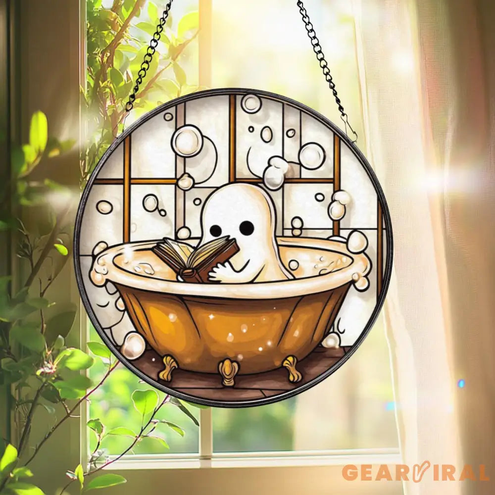 Cute Ghost in Bathtub Stained Glass Suncatcher Book Lover Window Decor Funny Ghost Bathroom Panel Spooky Reading