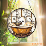 Cute Ghost in Bathtub Stained Glass Suncatcher Book Lover Window Decor Funny Ghost Bathroom Panel Spooky Reading